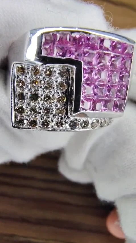 Natural Pink Sapphires Diamonds Geometric Band 14kt Gold 12441 *v - 3