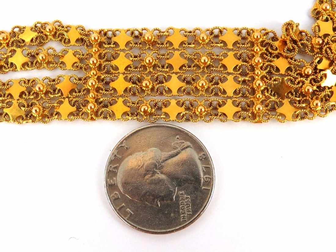 18kt. yellow gold vintage wide caliber bracelet mesh Hinged linked beads 7.50** - 3