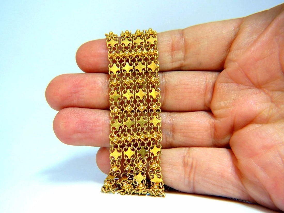 18kt. yellow gold vintage wide caliber bracelet mesh Hinged linked beads 7.50** - 5