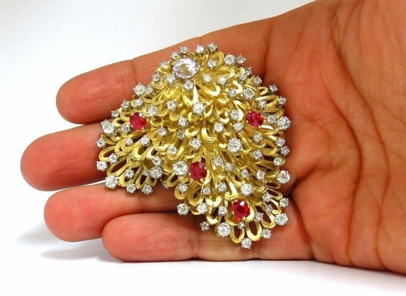 Erwin Pearl 8.00 Carat Natural Diamonds and Red Spinel Brooch 18Kt Ref 12332** - 6