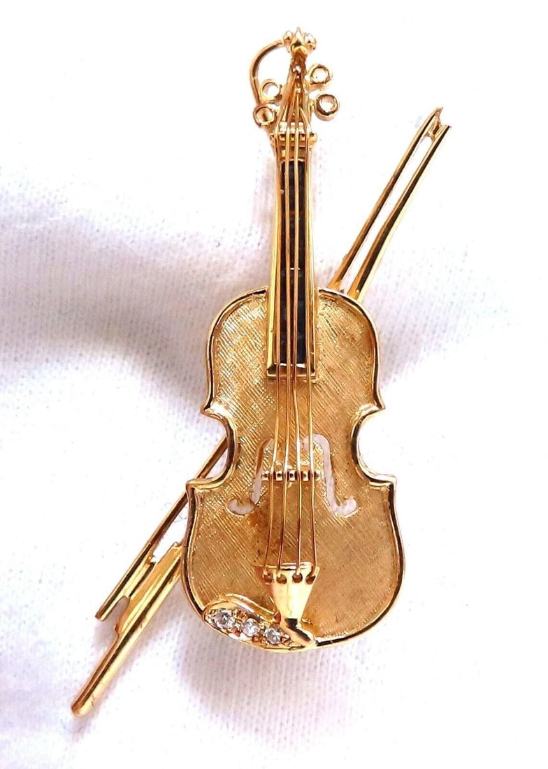 Violin Cello Viola Diamond Sapphire Pendant Pin 14kt Gold Handmade** - 4