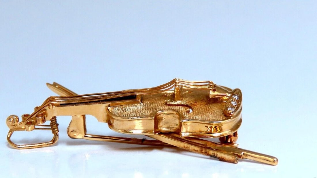 Violin Cello Viola Diamond Sapphire Pendant Pin 14kt Gold Handmade** - 6
