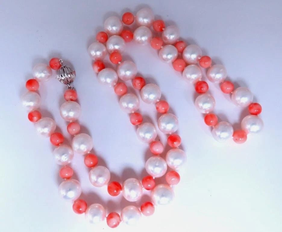 10mm freshwater Pearl Coral necklace 14kt Gold 12246** (1 of 4)