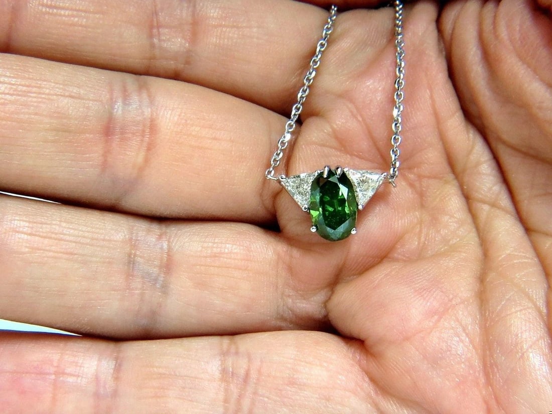 3.26CT ENHANCED FANCY COLOR GREEN DIAMOND NECKLACE SIDE TRILLIANTS 14KT 10035** - 3