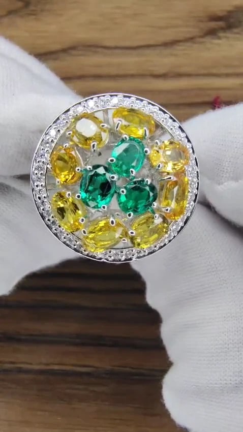 5.12CT NATURAL FANCY YELLOW SAPPHIRES VIVID GREEN EMERALDS CLUSTER RING 10003 *v - 3