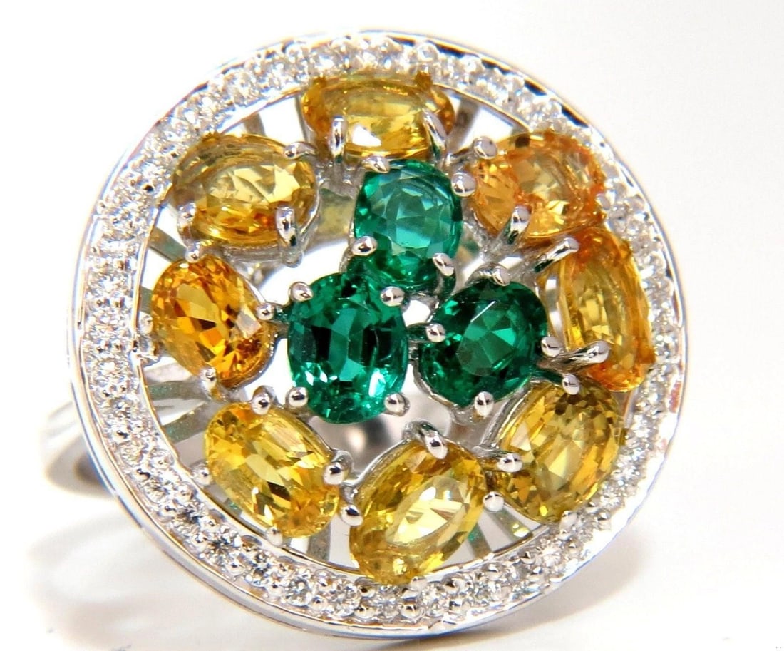 5.12CT NATURAL FANCY YELLOW SAPPHIRES VIVID GREEN EMERALDS CLUSTER RING 10003 *v - 4