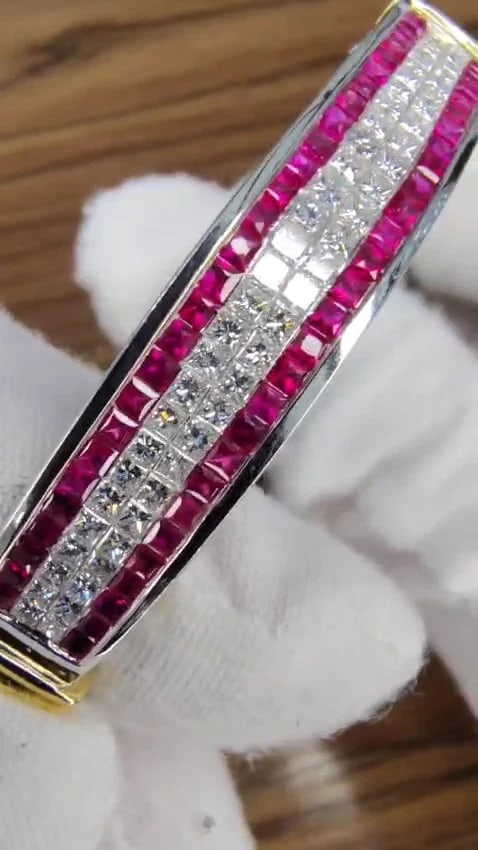 5.30ct natural princess cut ruby diamonds bangle bracelet 18kt gold 12242 *v - 3