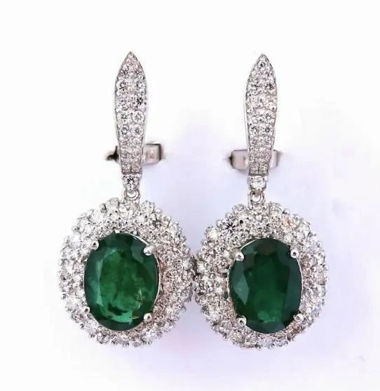 8.35ct Natural Oval Emeralds Diamond Dangle Earrings 18kt Halo Cluster 12643** - 6