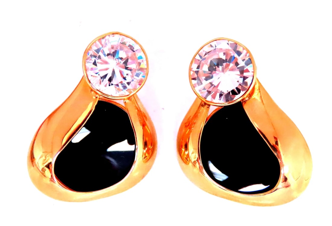 Carved Jet Black Onyx Stud Earrings 14kt Gold 12626 White Stone** - 3