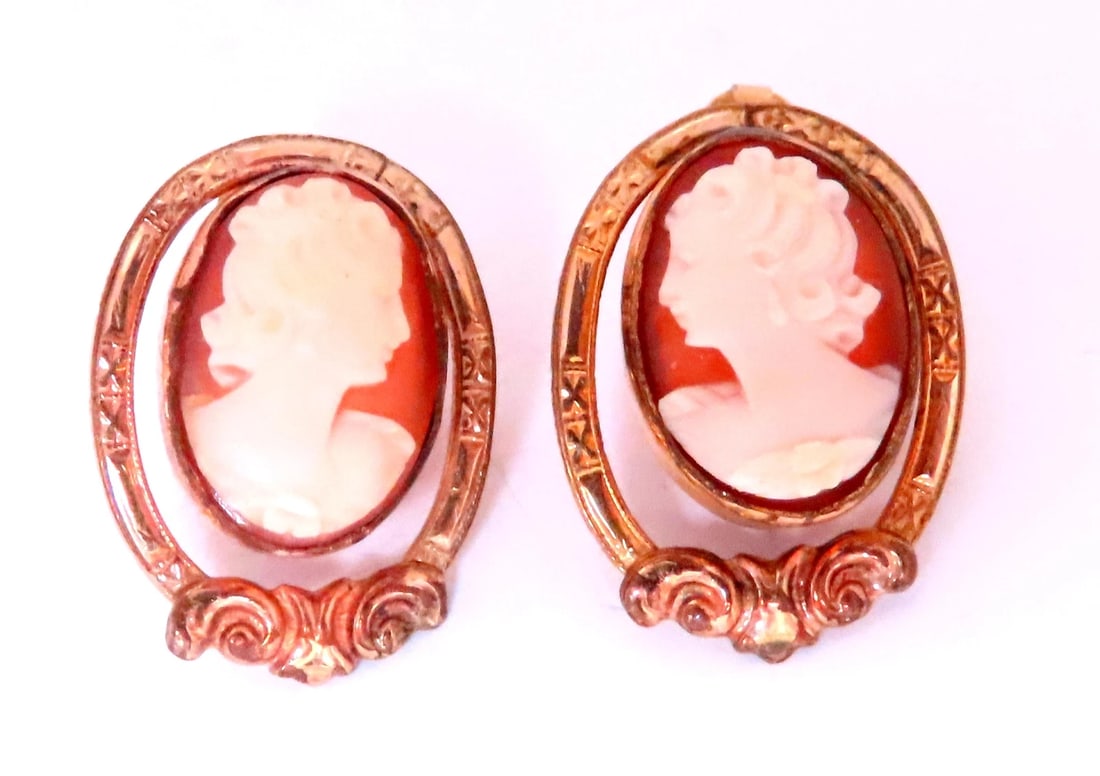 Vintage Carved Cameo Madonna Earrings 14kt Gold 12621** - 4