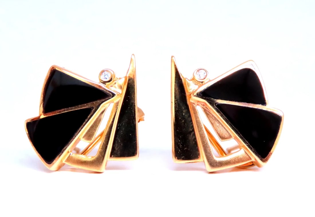 Step Tier Art Deco Style Onyx Clip Earrings 14kt Gold 12623** - 4