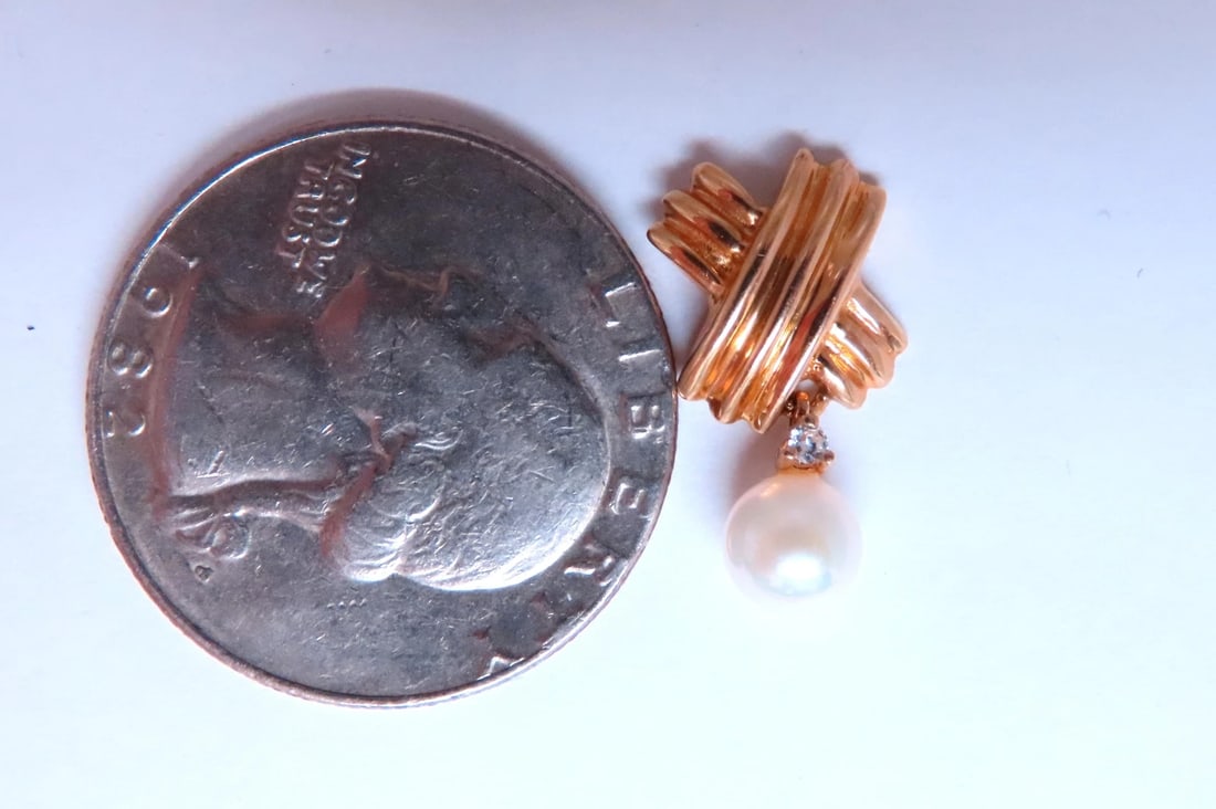 5.5mm Cultured Pearl Dangle ''x'' Earrings 14kt Gold Retro 12599** - 3