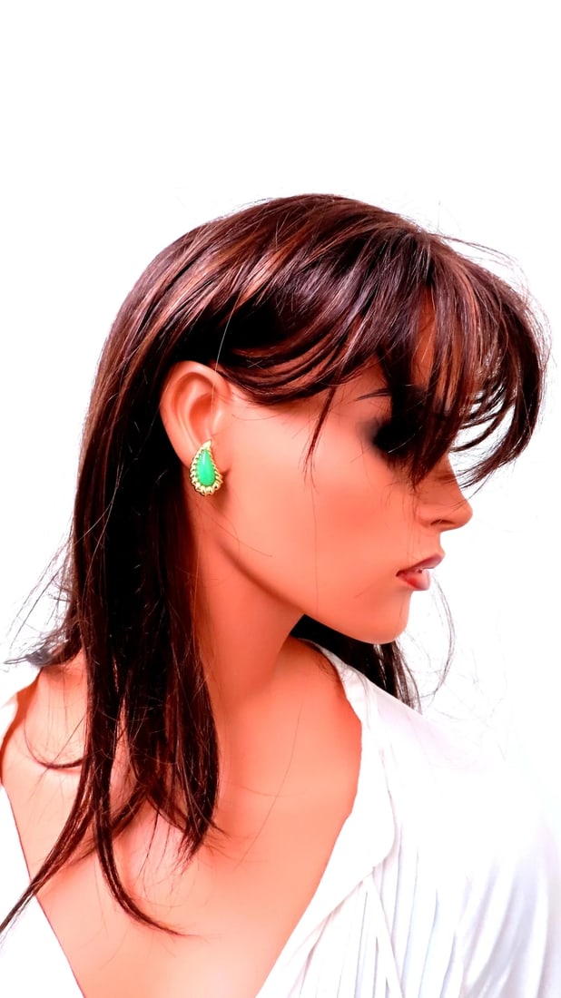 Pear Shape Jadeite Fern 3D clip earrings 18kt Gold 12603** - 7