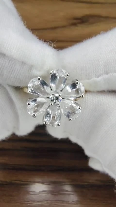 White sapphire Daisy Cluster Clover Ring 14kt Gold 12549 *v - 3