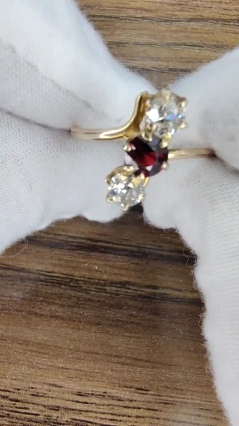 Antique Garnet Three Stone Diamonds Ring 14kt Gold 12548 *v - 3
