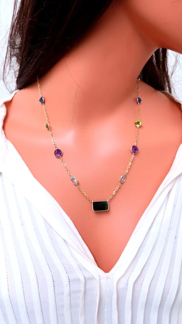 56ct Natural Tourmaline Amethyst Peridot Station Yard Necklace 14kt 12521** - 6