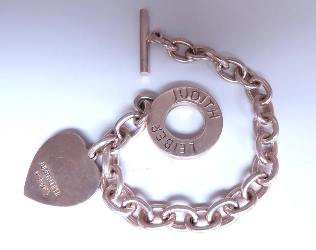 Judith Leiber Heart Charm Toggle Silver Bracelet 925 Sterling 12443** - 4