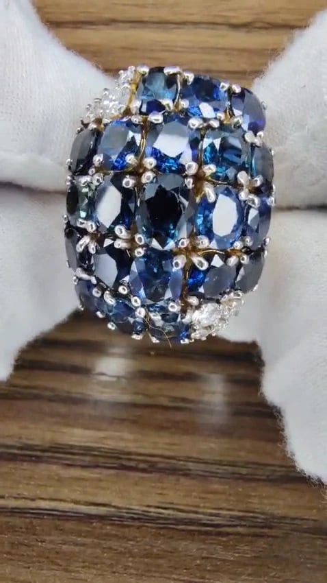 Natural Sapphire Diamonds Cluster Dome Ring Vintage Revisit Prime 14Kt 12438 *v - 3