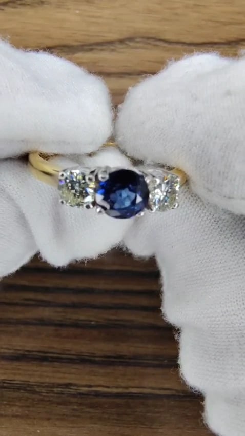 1.01ct Natural Round Blue Sapphire Three Stone Ring 14kt Gold 12433 *v - 3