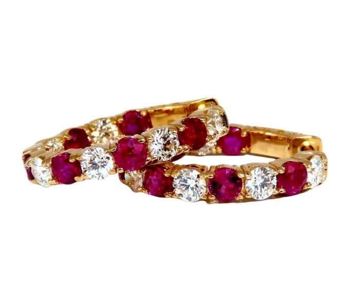 4.90ct Natural Ruby Diamonds Elongated Hoop Earrings 14kt Gold Ref 12335** - 4