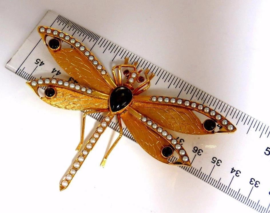 Dragonfly Natural Pearls Blackstar Brooch Pin 18Kt Gold Ref 12303** - 5