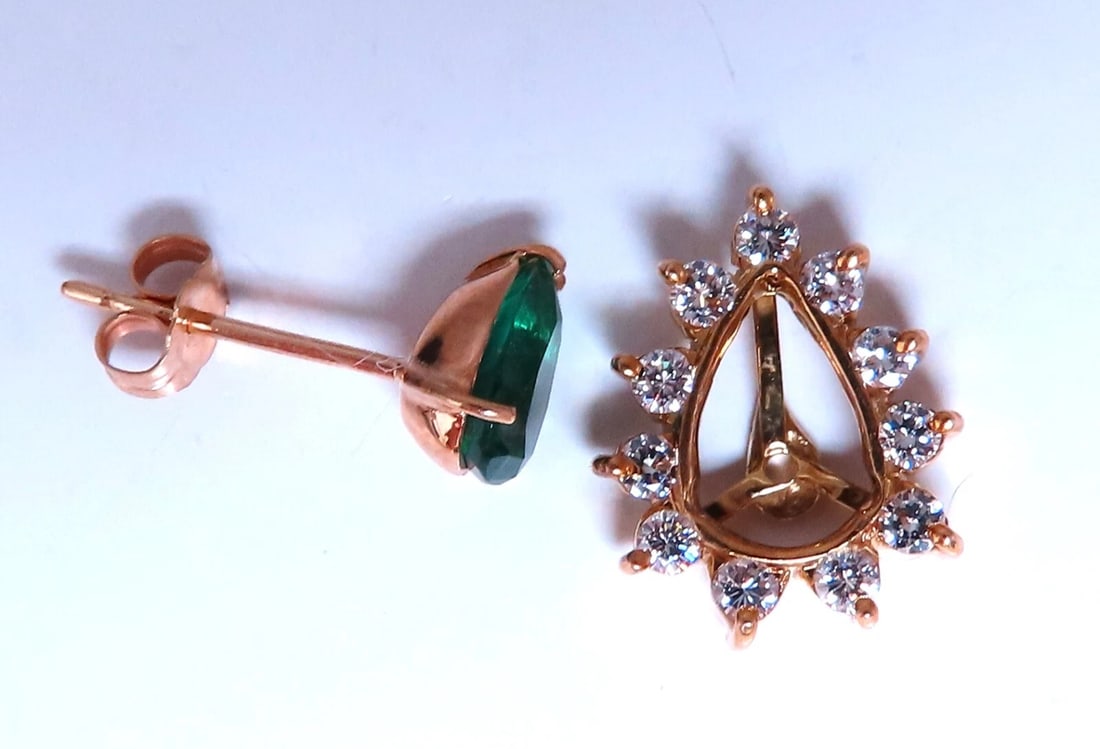 Lab Created Emerald Natural Diamond Stud Earrings Jacket & Solitaire 14kt Gold** - 5