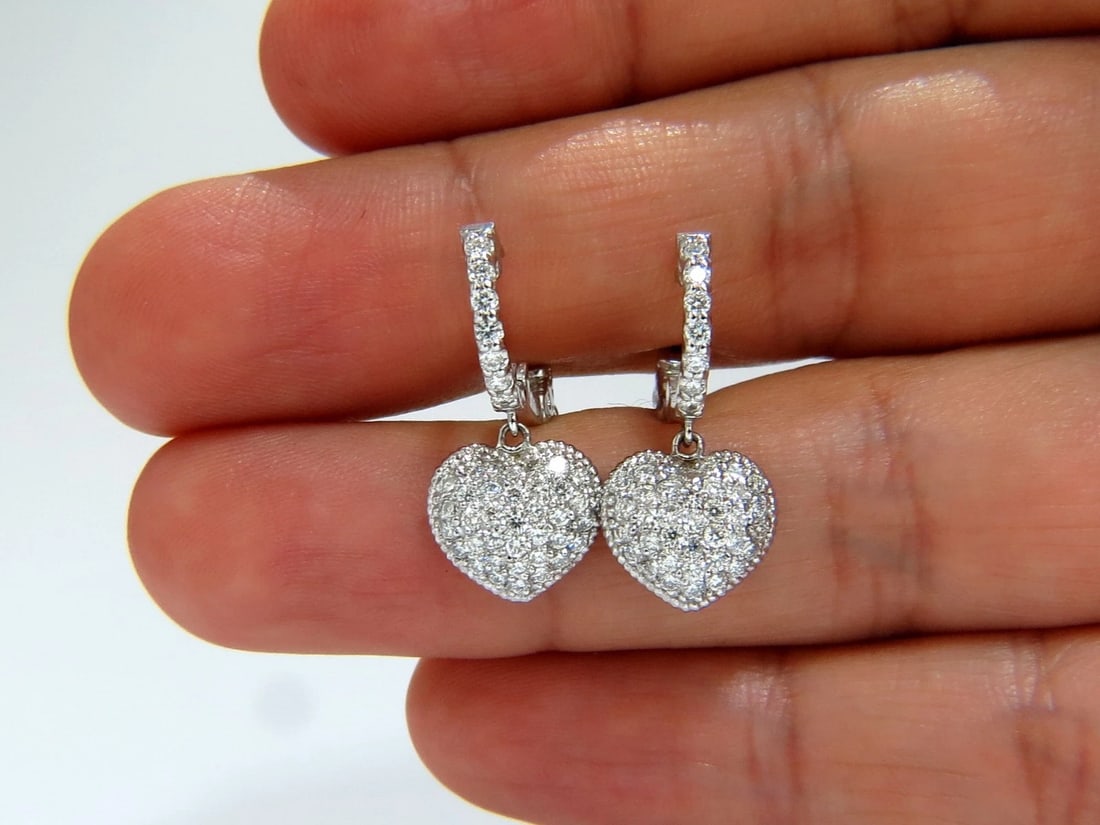 1.30ct dangling hearts on hoop diamonds earrings 14kt g/vs locking lever** - 3