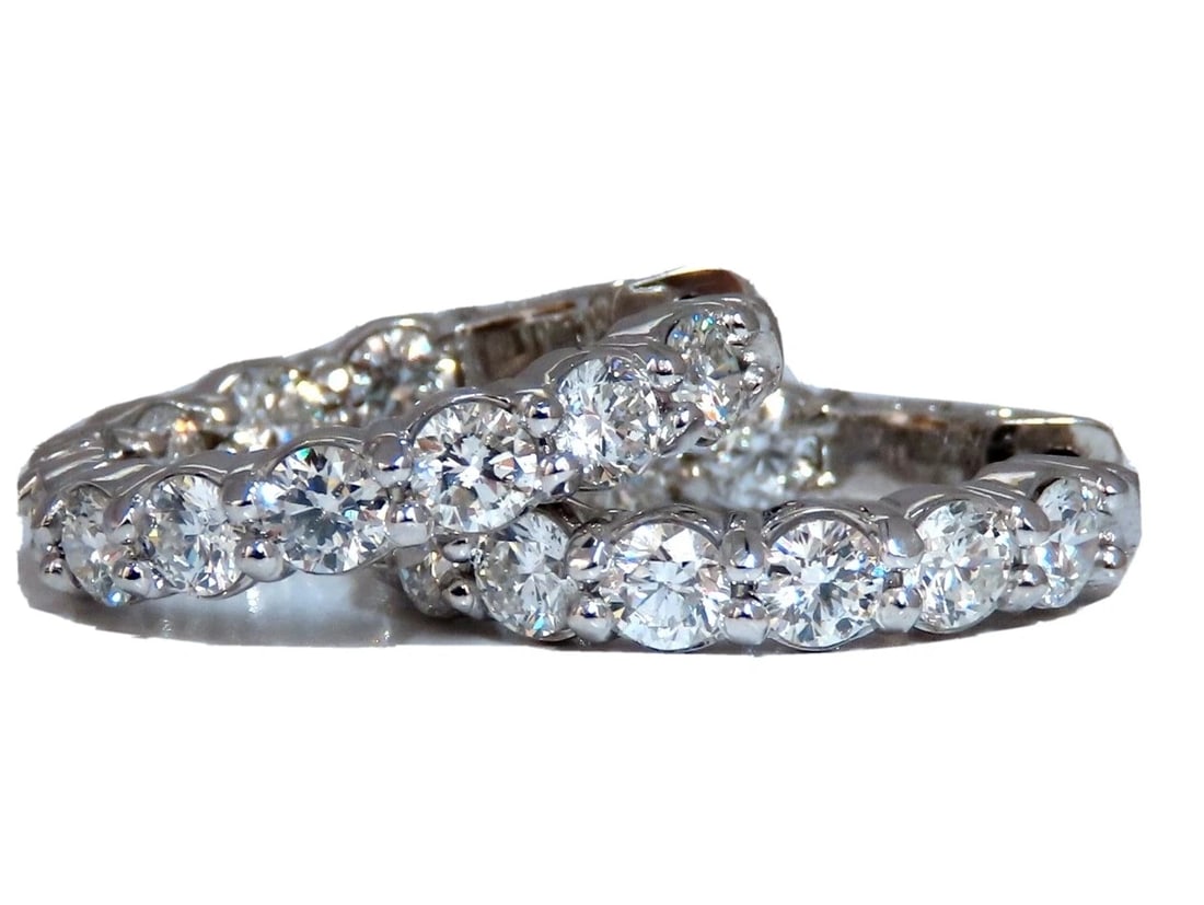 3.02ct Natural Round Diamond hoop earrings 14kt 22mm button & share prong**: Title: 3.02ct Natural Round Diamond hoop earrings 14kt 22mm button & share prong** Description: Quarter sized natural diamond hoop earrings. Sharing prong design 3.02 carat round brilliant diamonds H 