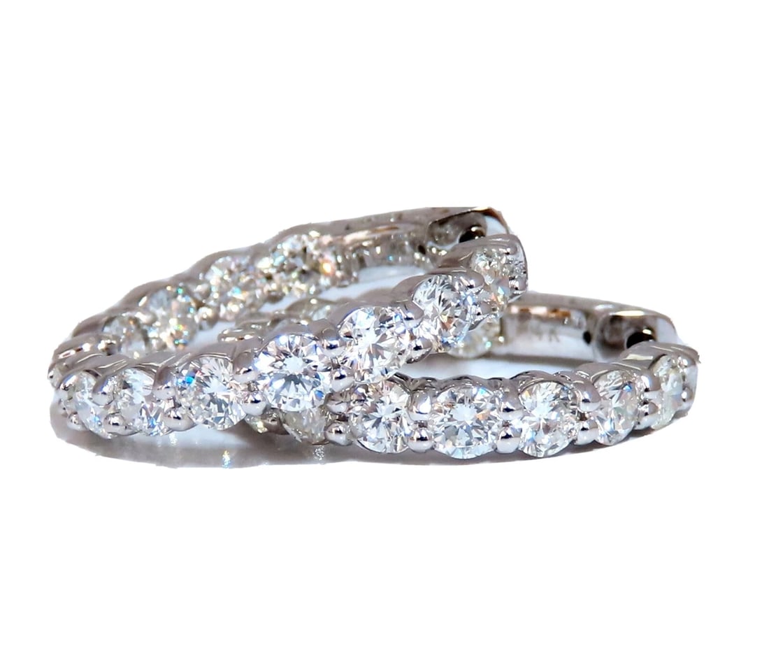 3.43ct Natural Round Diamond hoop earrings 14kt button & share prong** - 2