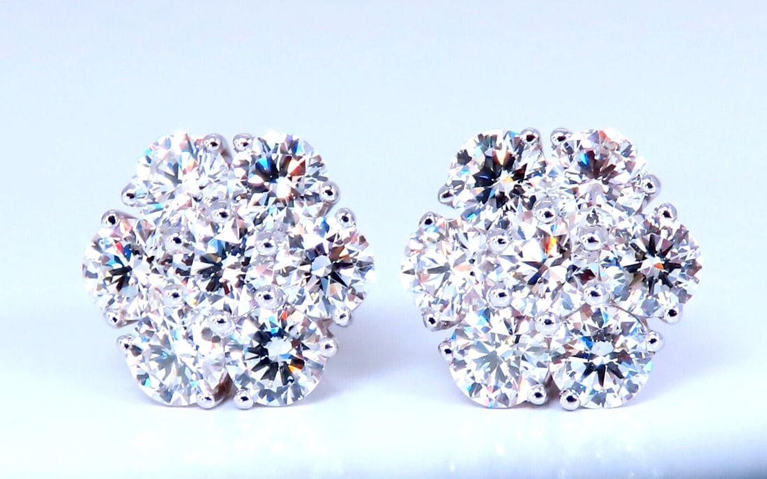 4.28ct. natural round diamond cluster earrings 14kt gold flower** - 3