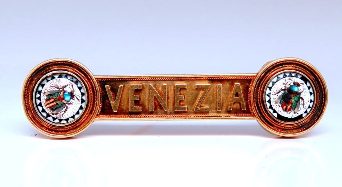 Vintage Venezia Oietra Dura Bug Pin 18kt**: Title: Vintage Venezia Oietra Dura Bug Pin 18kt** Description: Vintage Venezia Pietra Dura Souvenir Pin 2.75 x .71 inch 18kt. yellow gold 14 Grams. All Items come with a Free White ribbon gift box. ..