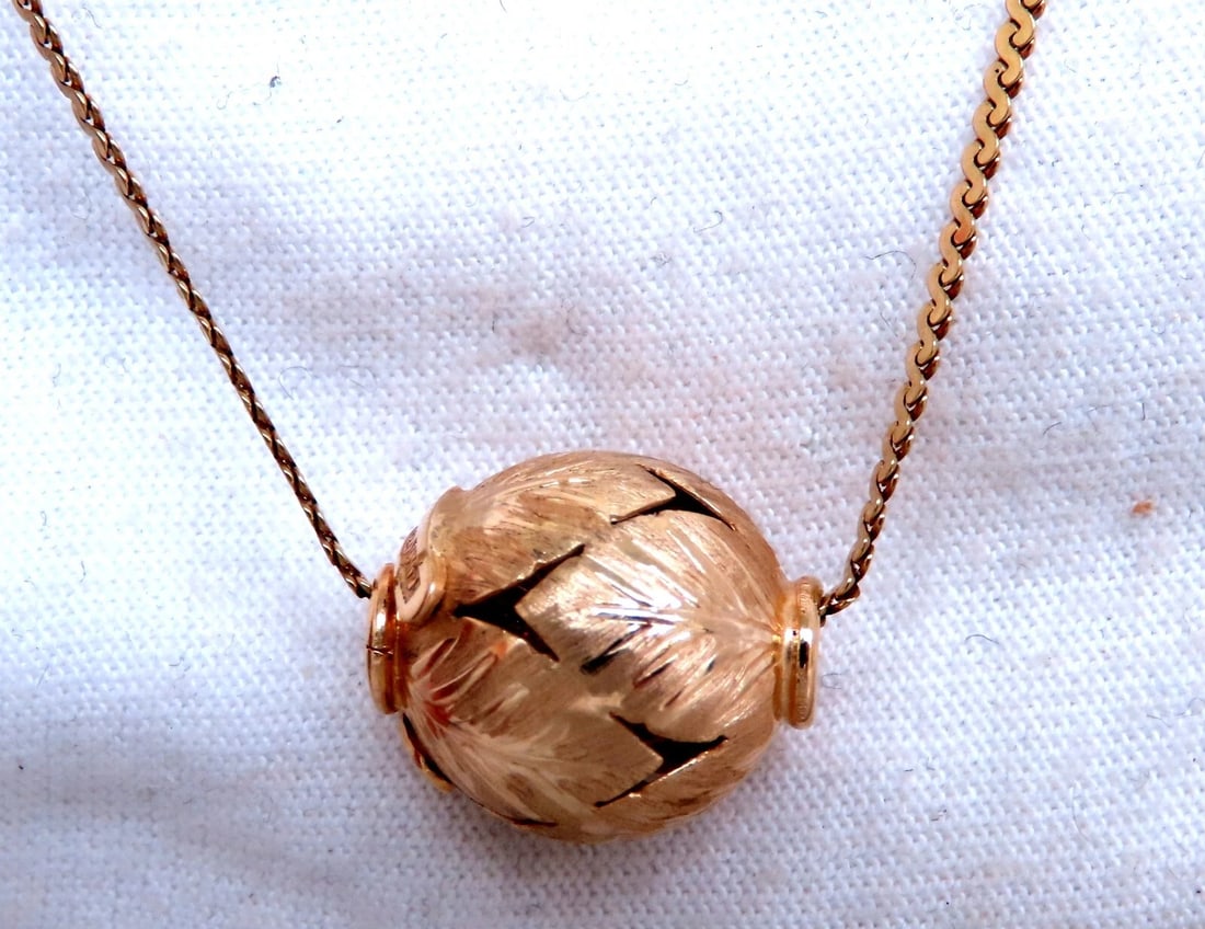 13mm Vintage Floral Gold Bean Necklace 14kt ** - 4