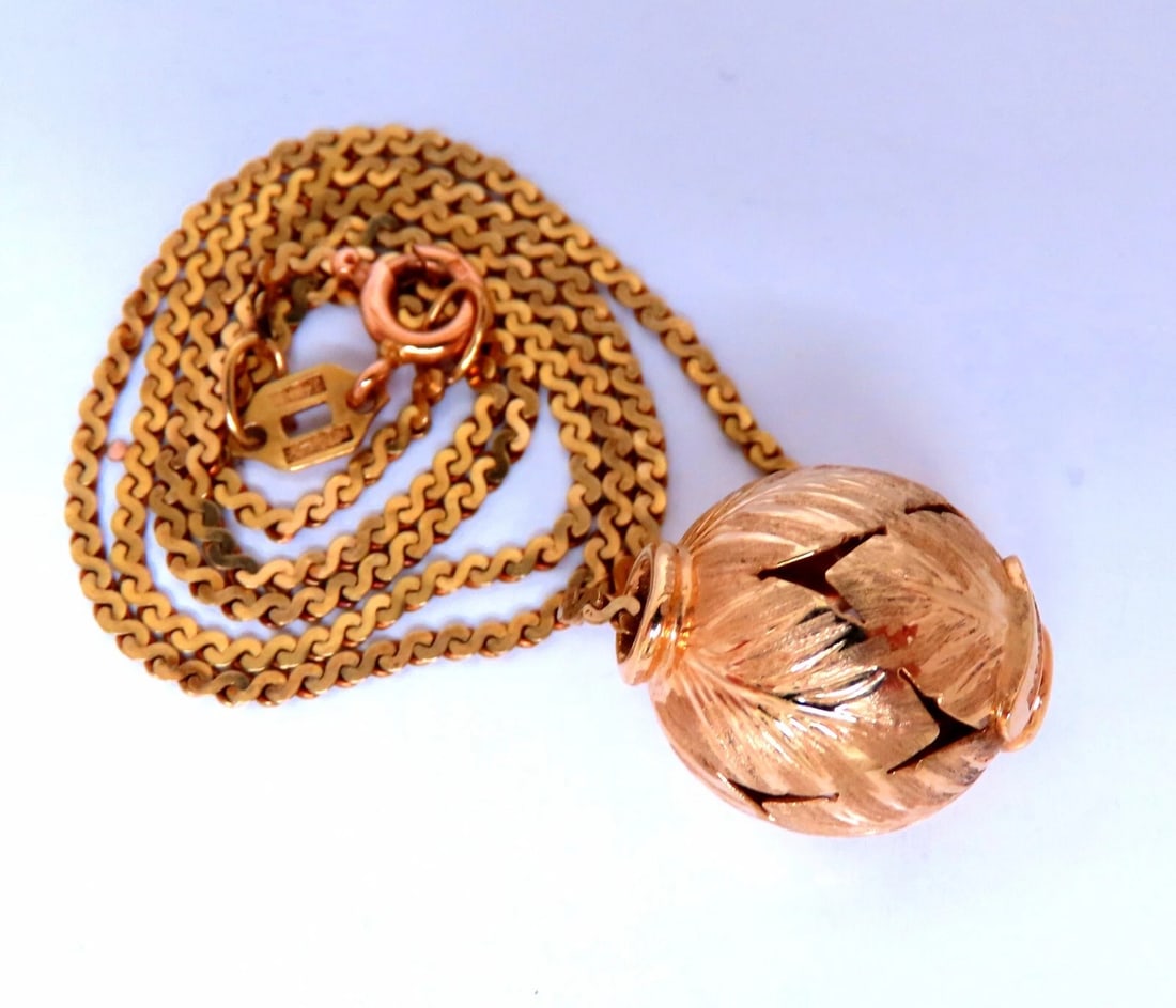 13mm Vintage Floral Gold Bean Necklace 14kt ** - 5