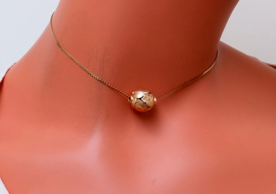 13mm Vintage Floral Gold Bean Necklace 14kt ** - 6