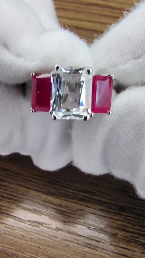 White Natural Sapphire & Ruby Ring Platinum *v - 3