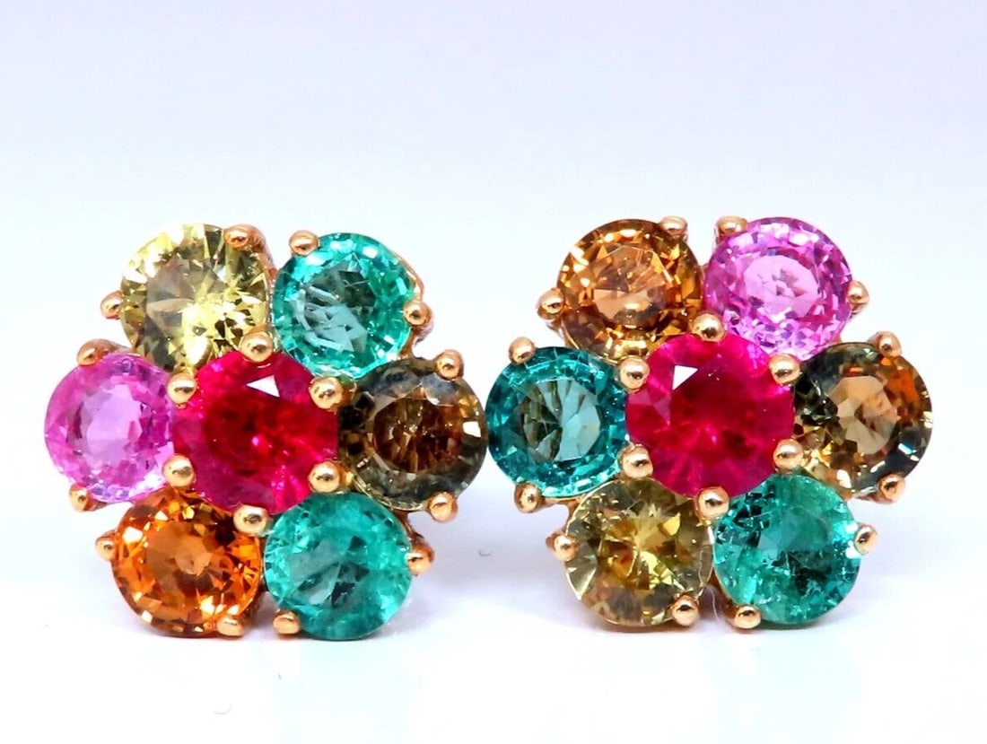 6.20ct Natural Ruby Sapphire Emerald Cluster Earrings 14kt gold** - 4