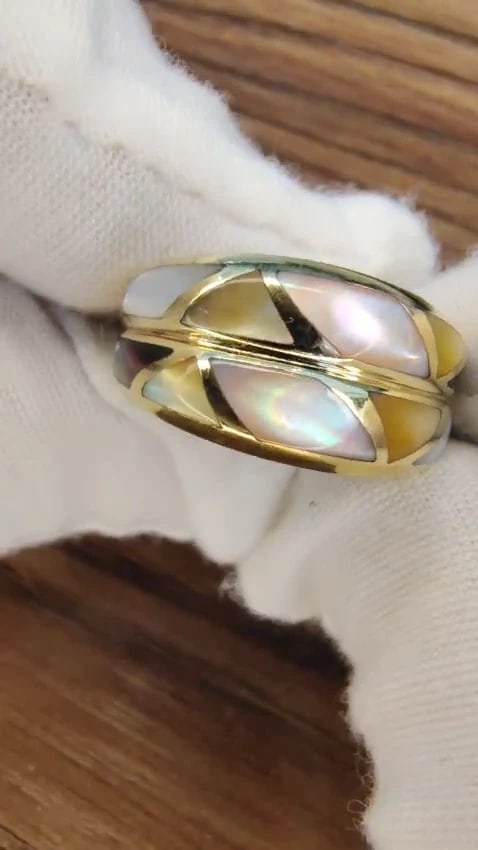 Asch Grossbardt Carved Mosaic Moonstone Twin Band Ring 14kt gold *v - 3