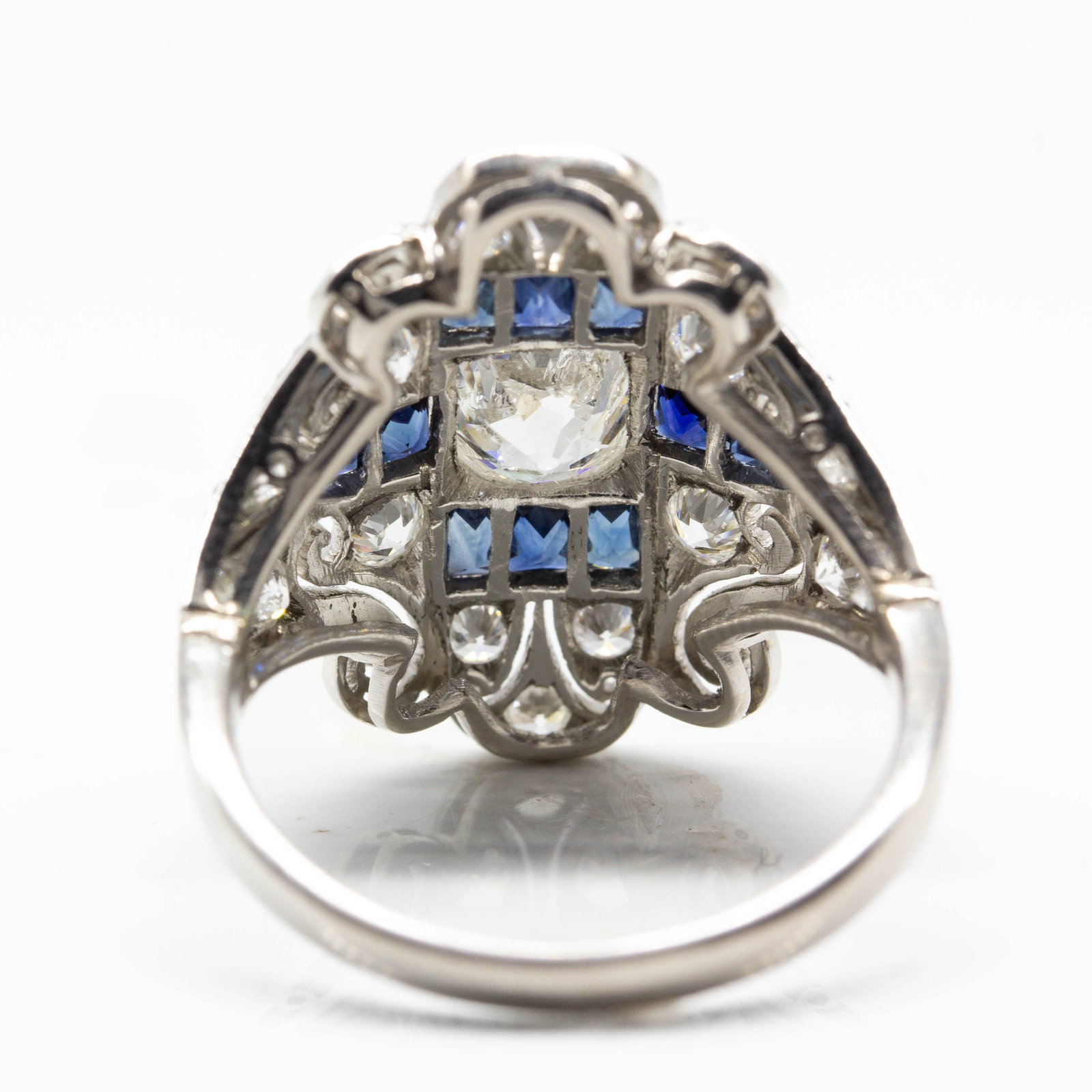Art Deco Platinum Old Mine Cut Diamond and French cut Sapphire Ring - 3