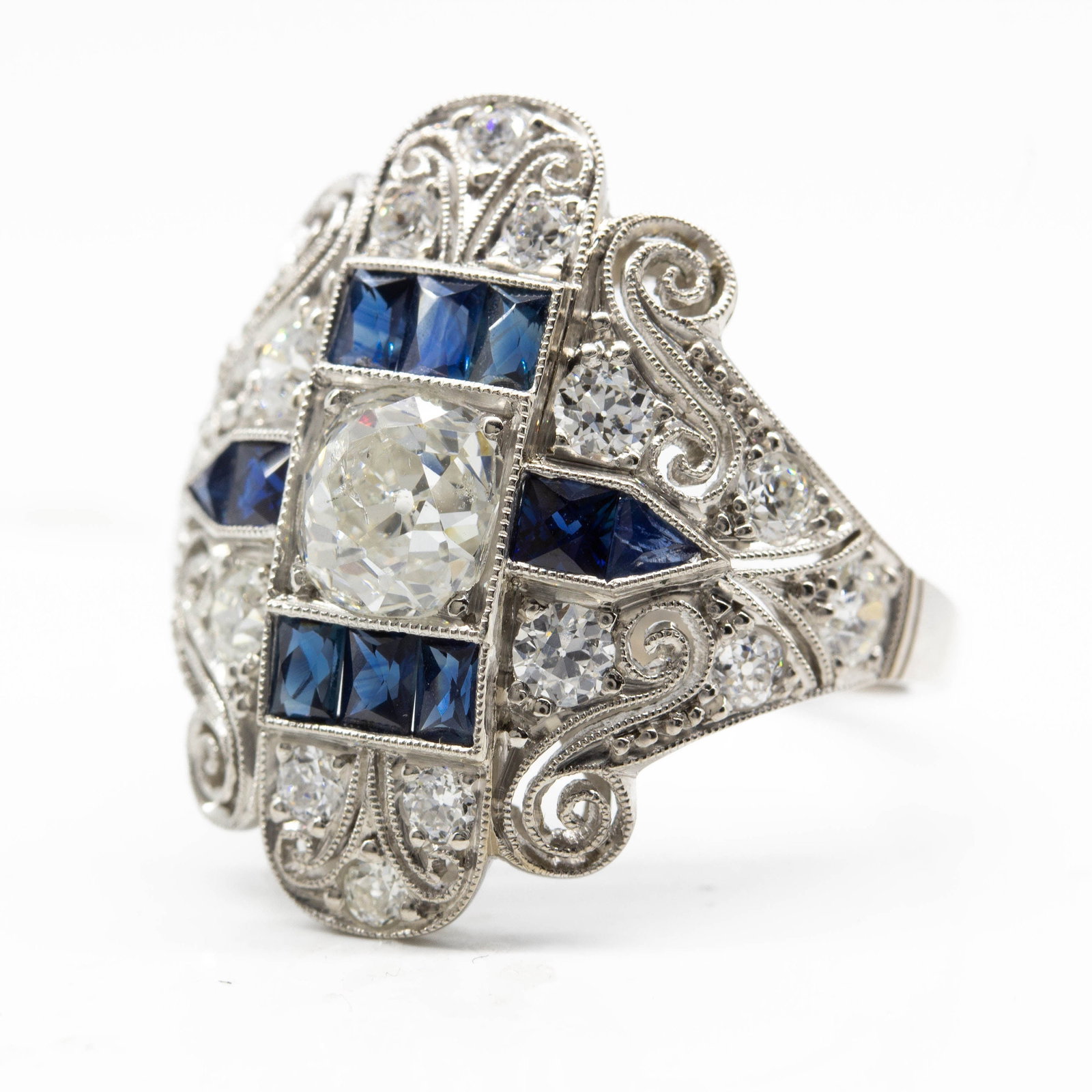 Art Deco Platinum Old Mine Cut Diamond and French cut Sapphire Ring - 4