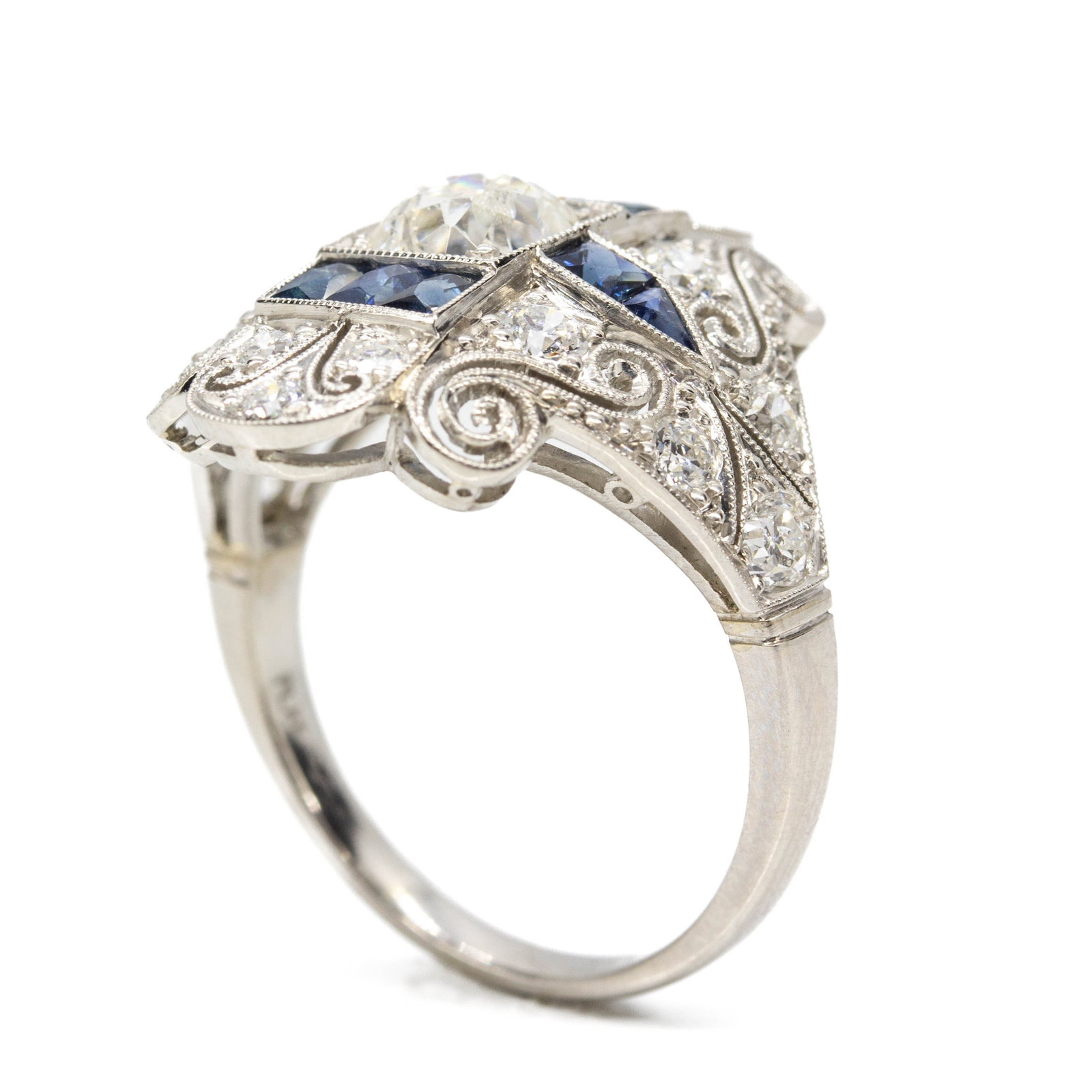 Art Deco Platinum Old Mine Cut Diamond and French cut Sapphire Ring - 5