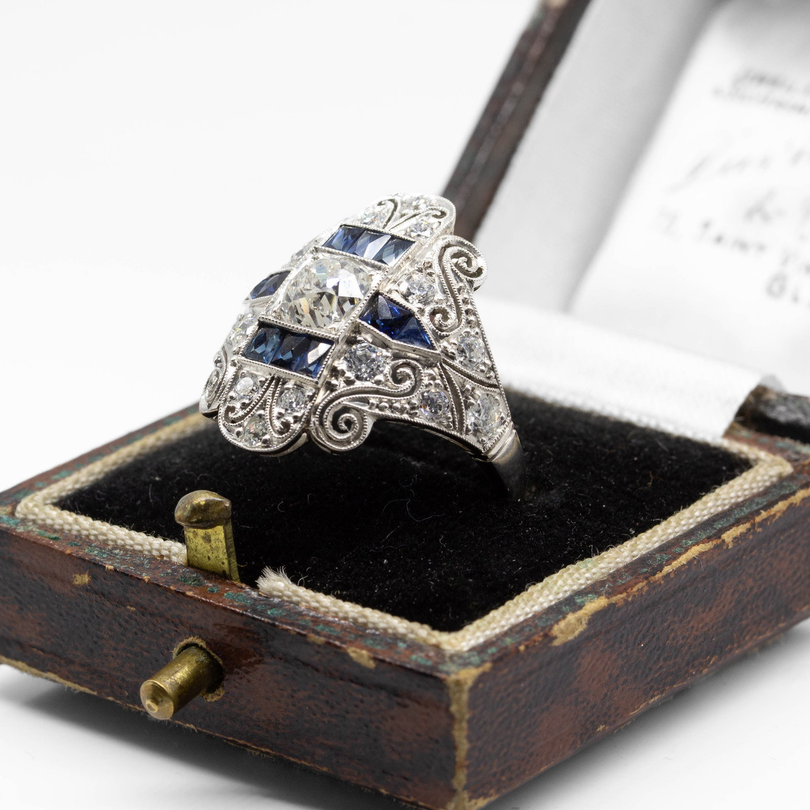 Art Deco Platinum Old Mine Cut Diamond and French cut Sapphire Ring - 6