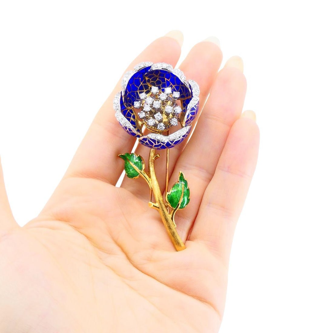 Vintage 18k Gold Diamond Enamel Flower Pendant Clip Brooch - 2