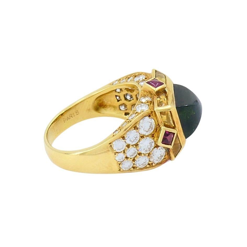 Vintage Mauboussin 18k Gold Sugarloaf Tourmaline Diamond Ring - 4