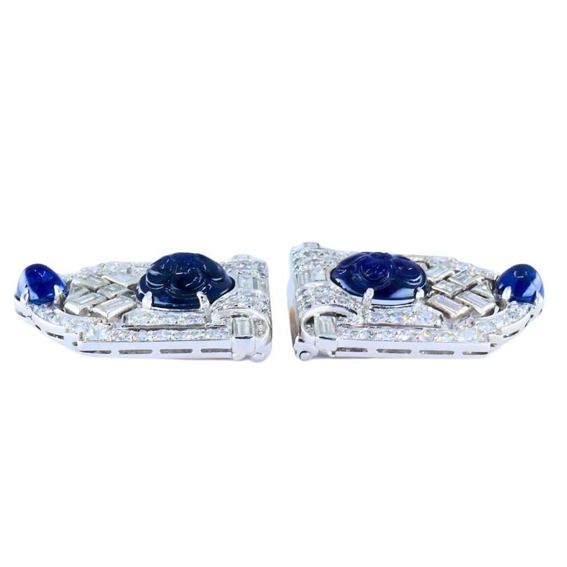 Vintage French Platinum Diamond Clips Carved Sapphire Estate Jewelry - 2