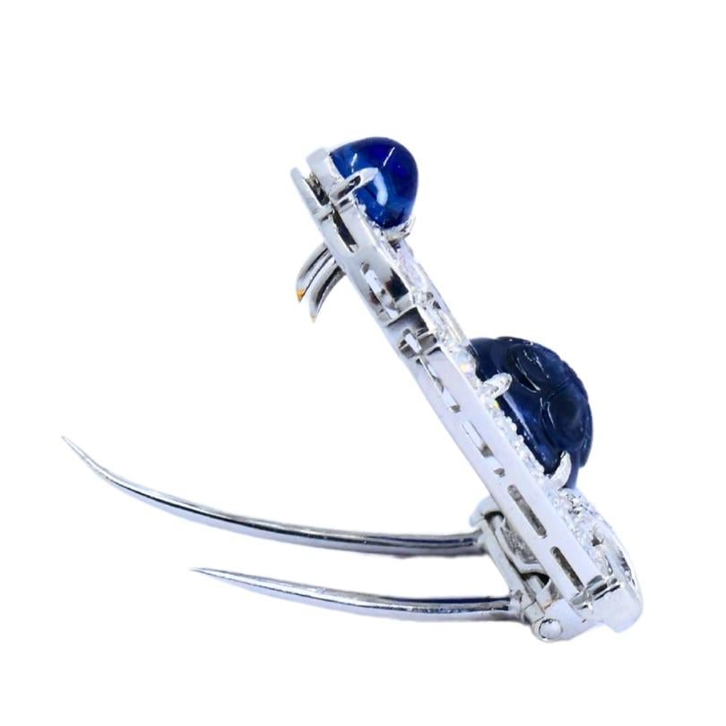 Vintage French Platinum Diamond Clips Carved Sapphire Estate Jewelry - 3