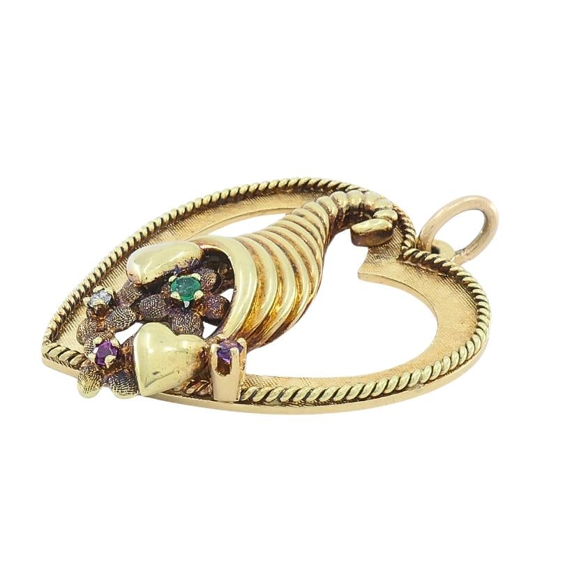 Vintage 14k Gold Heart Pendant Gemstone Cornucopia Design - 3