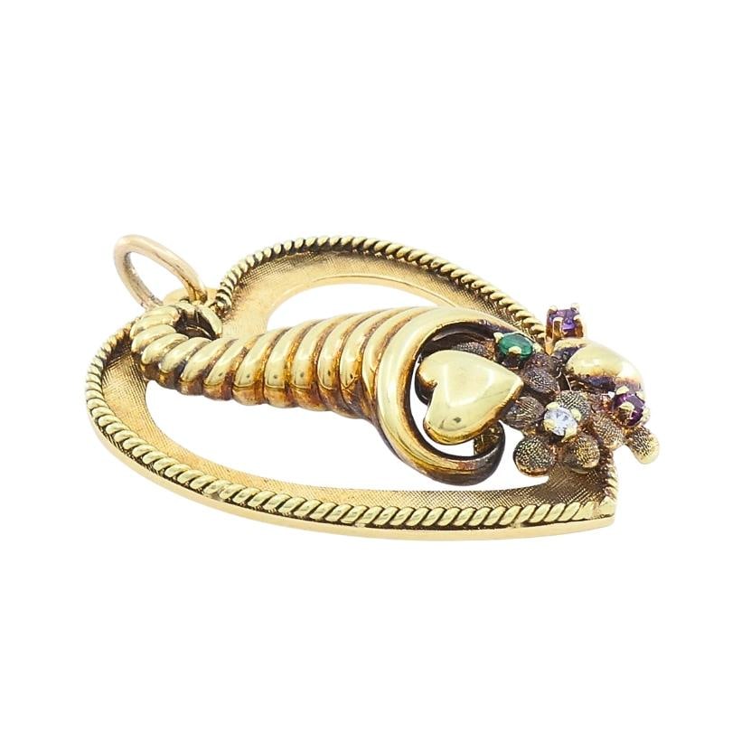 Vintage 14k Gold Heart Pendant Gemstone Cornucopia Design - 4