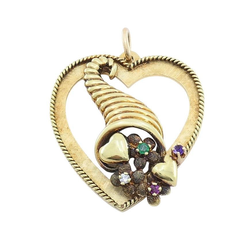 Vintage 14k Gold Heart Pendant Gemstone Cornucopia Design - 5