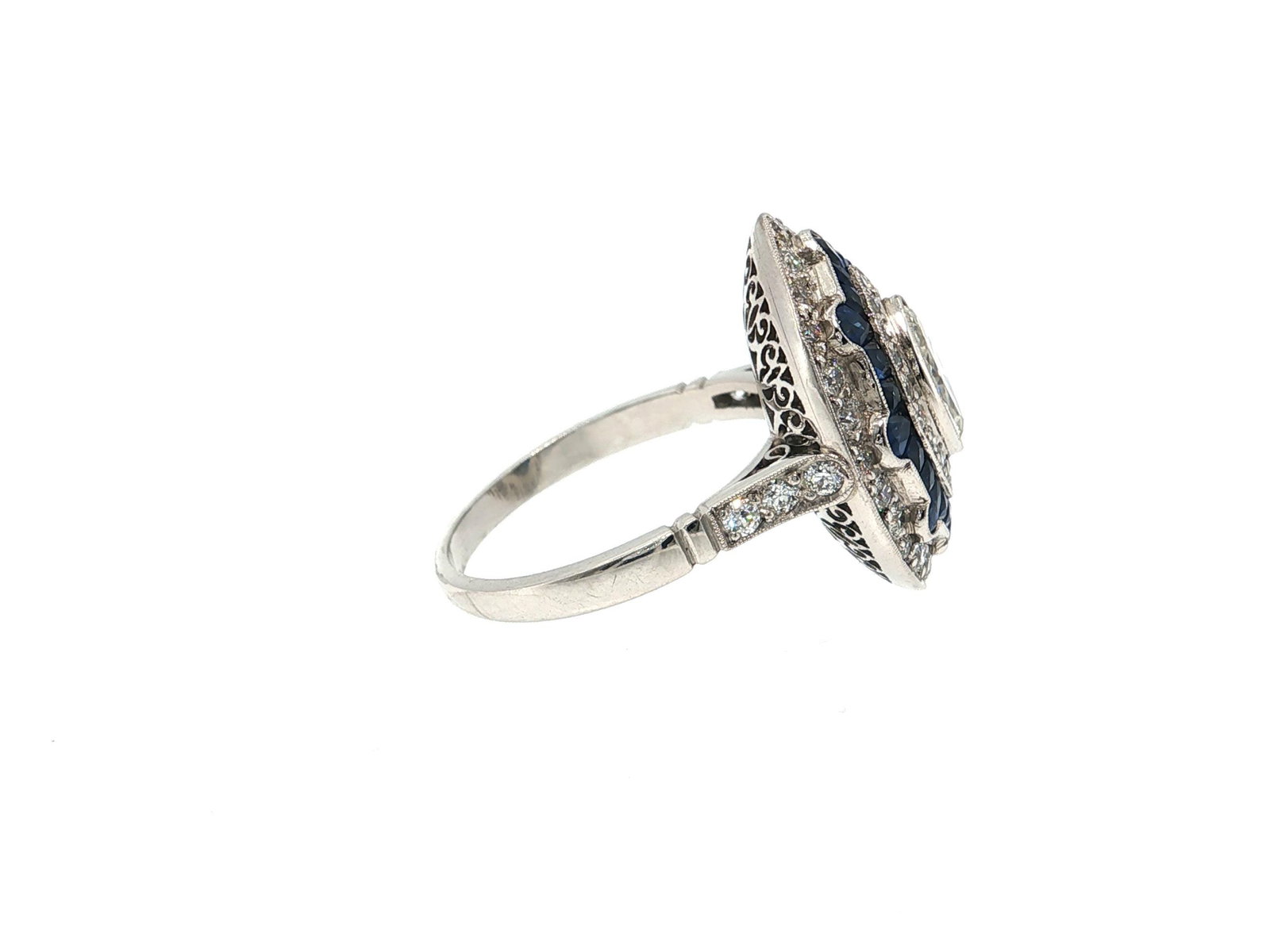 Marquise Diamond and Blue Sapphire Platinum Cocktail Ring - 4