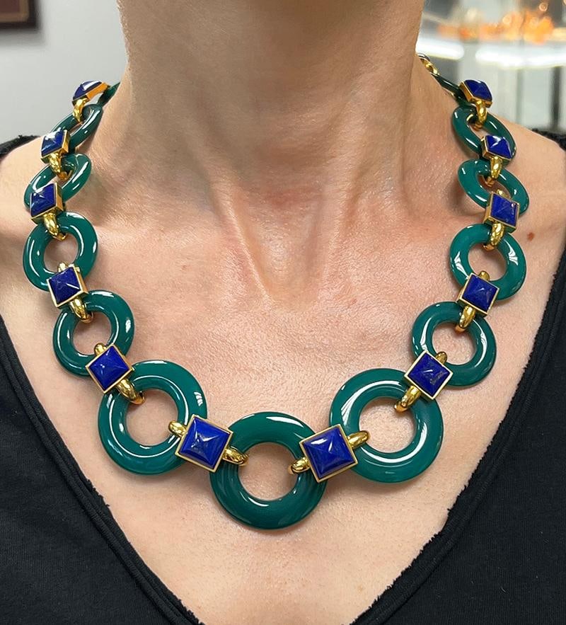 Vintage Aldo Cipullo Necklace 18k Gold Chrysoprase Lapis Lazuli Estate Jewelry - 2